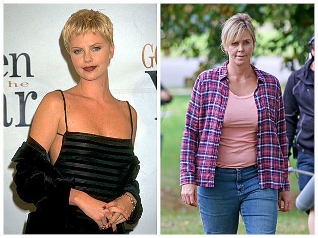 Galería. Charlize Theron en enero de 1998, y hace unos días, en el rodaje de 'Tully'.
