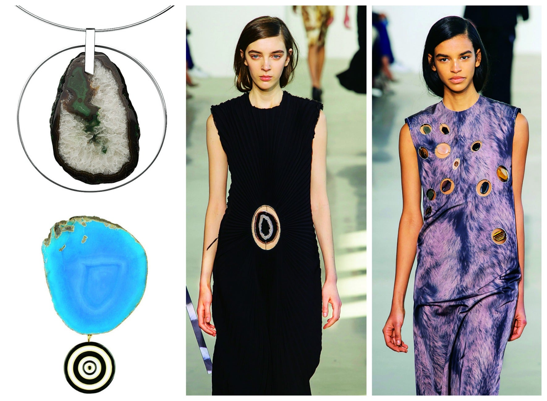 Hay joyas de tamaño extragrande en muchas colecciones de joyería y de moda; y dentro de las piedras más demandadas, las ágatas vuelven a recobrar el protagonismo de décadas anteriores. Calvin Klein las propone incluso engastadas en sus sugerentes vestidos de seda para cóctel. Y Hermès, Givenchy o la española Belén, en forma de setenteras gargantillas XL. (Givenchy Belén Bajo Calvin Klein)