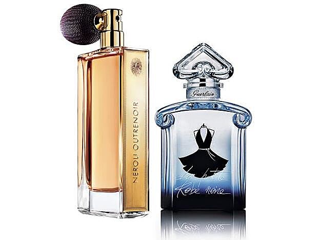 La Petit Robe Noir LEau de Parfum Intense (92 €) y boceto de Kuntzel y Deygas. Neroli Outre Noir, de la colección LArt et la Matière (190 €).