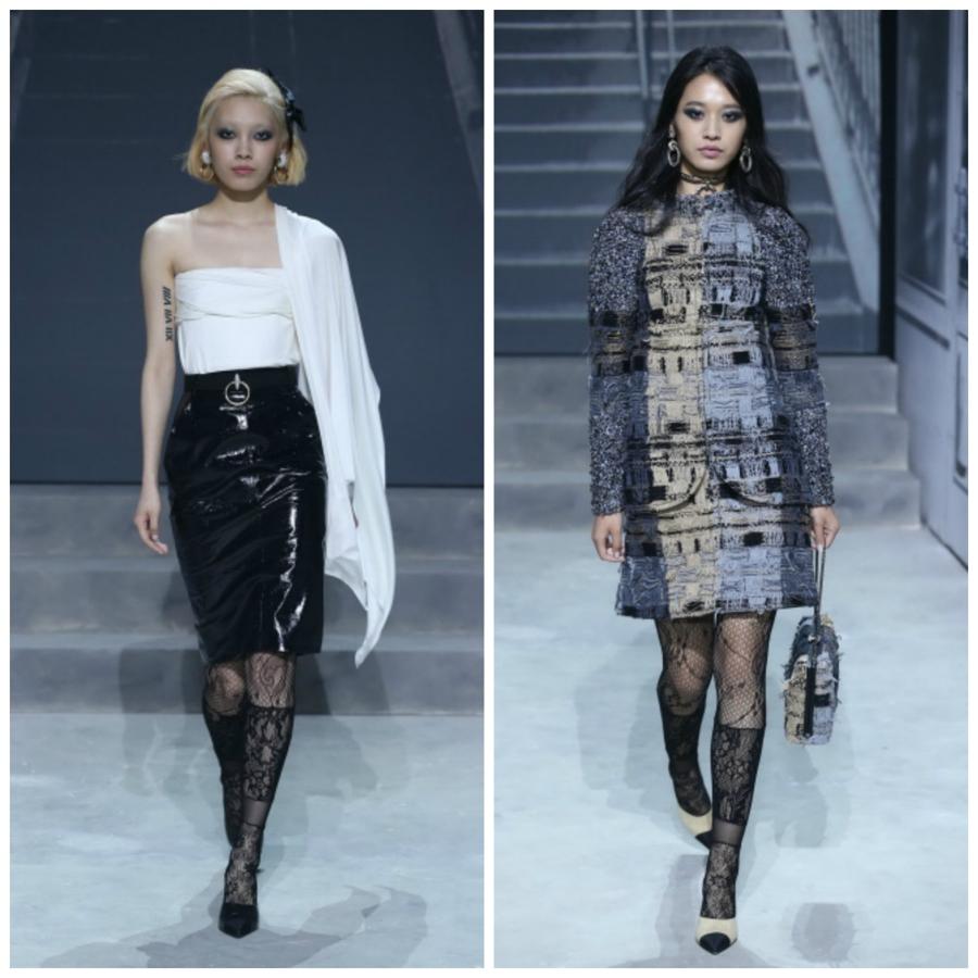 Karl Lagerfeld se decanta por las medias con efecto tatuaje y negras, que resultan de lo más elegantes.