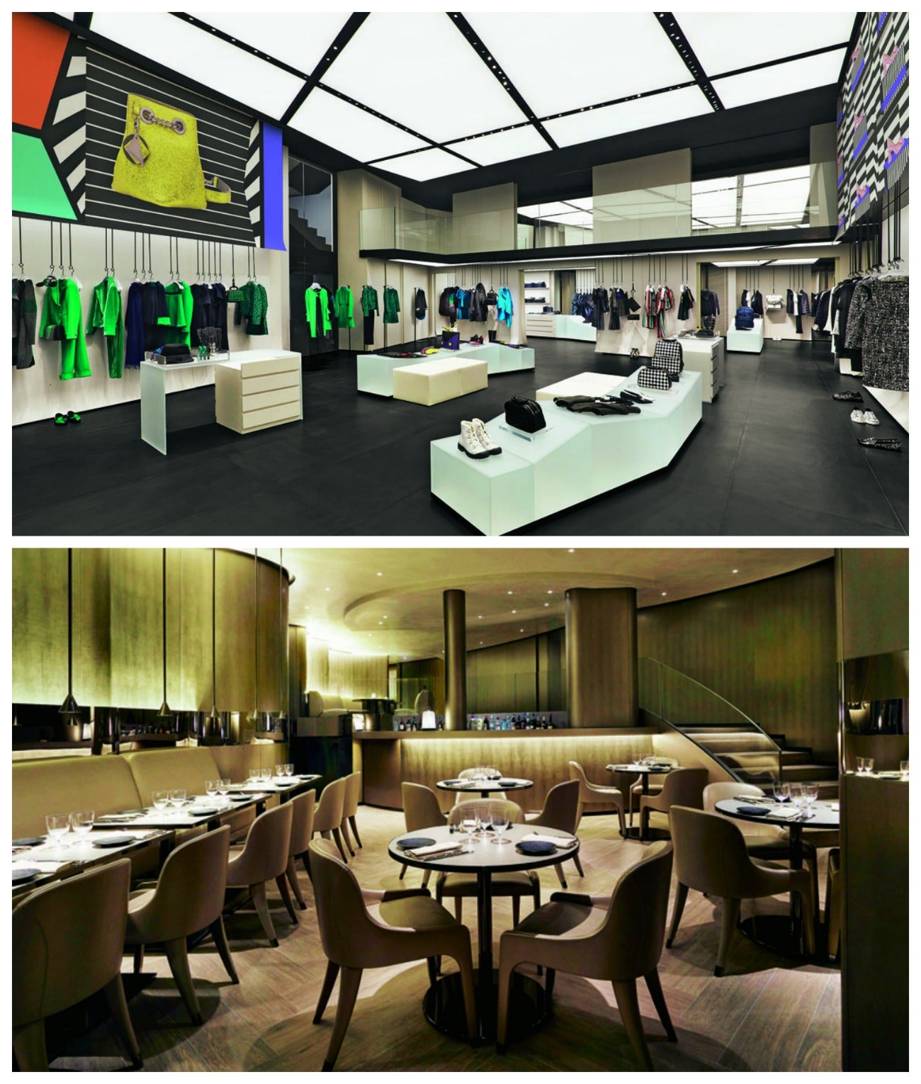 Emporio Armani reabre en París en la misma céntrica ubicación, el Boulevar St. Germain, con un nuevo concepto de tienda que cuenta, además, con un Emporio Armani Café. En el espacio, diseñado por Giorgio Armani y su equipo de arquitectos, la ropa está suspendida en el aire, colgada de tubos de metal, y grandes esculturas de vidrio acogen la exposición de accesorios. Además, en el Emporio Armani Café, de dos plantas, los clientes pueden degustar platos de cocina tradicional italiana. (A la izquierda, el nuevo concepto de tienda. Arriba, el restaurante del Emporio Armani Café)