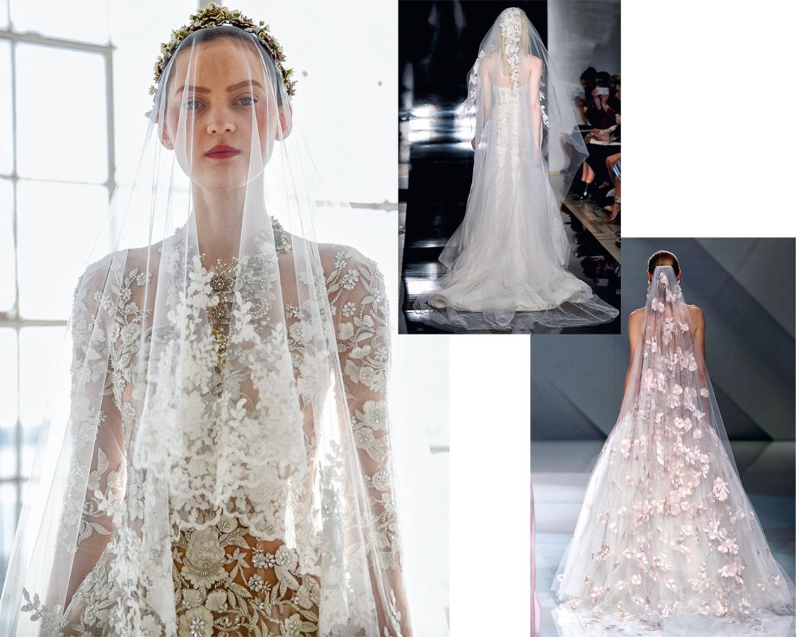 Este clásico se mantiene. Marchesa lo propone también tapando la cara y, casi siempre, con bordado. De izquierda a derecha: Marchesa, Reem Acra y Naeem Khan.