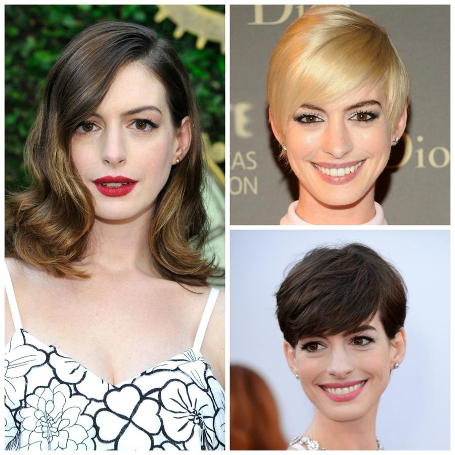 Anne Hathaway es otra de las famosas que adora cambiar de look: tanto de color como de corte de pelo. La actriz se ha atrevido con el garçon, que no le queda mal, en castaño y en rubio platino, este último un poco arriesgado por sus cejas que son muy oscuras. Nuestro favorito: la media melena castaño con reflejos rubios.