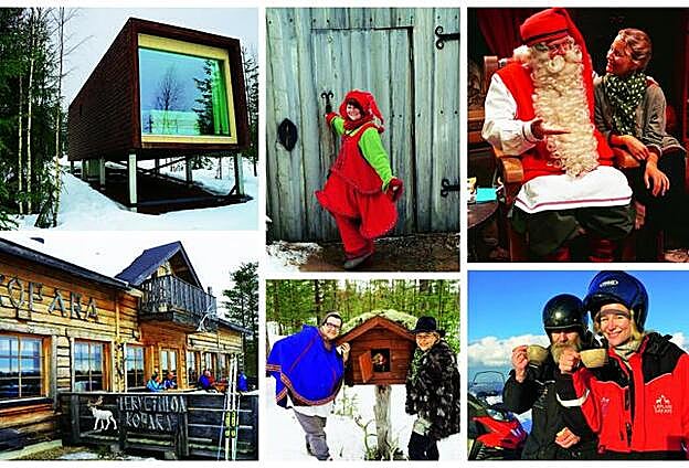 Habitación piloto del Arctic TreeHouse Hotel. Con Irene, del Atelier Kangasniemi, el mejor taller de artesanías. Una elfa nos recibe en el Santa Park Arctic World, donde se puede conocer a Papa Noel. Un paseo en tríneo tirado por un reno. Un alto en la carrera, con los amigos de Lapland Safari (Luosto) y en el Reindeer Park Kopara.