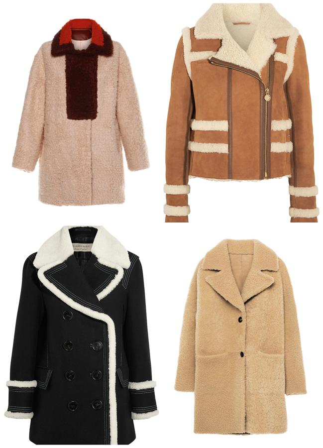 El borrego. Ese material fue tan setentero como ahora es millenial. Porque este invierno arrasa y los abrigos se visten de ovejita. En su ante o charol; o en total look, en todo su esplendor. De izq. a dcha: Bimba y lola, Carven, Burberry y Zara.