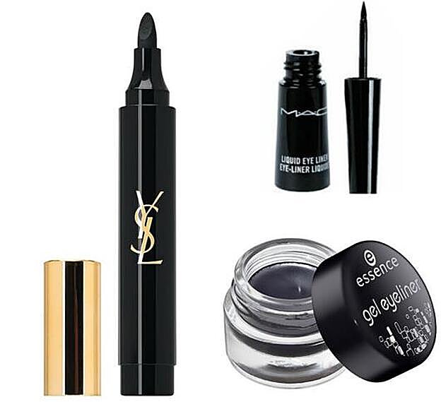 Un 3 en 1. Delineador de ojos, kohl y sombra de ojos para poder realizar ahumados. Couture Kajal Eye Pencil, de YSL (35 €). Ideal para crear diseños gráficos de larga duración, no se mueve ni cuartea. Liquid Eye Liner, de Mac (20 €). Eye liner en textura gel 01 Nigth is Paris, de Essence (4,80 €)