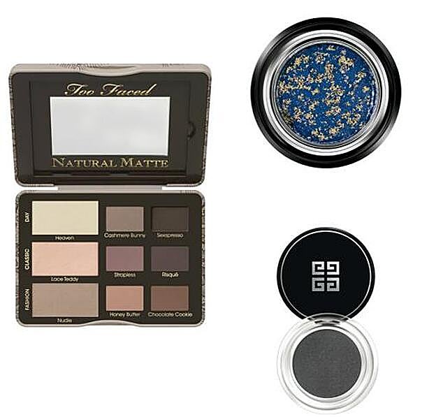 Sombras: Paleta Natural Matte, de Too Faced (36 €). Sombra mono de ojos Eyes To Kill Intense, de Giorgio Armani. (33 €). Sombra de ojos Ombre Couture Gris Organza 07, de Givenchy. (25,50 €)