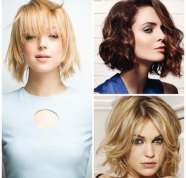 Yolanda Aberasturi (izq) ofrece un corte bob en rubio gold con flequillo y puntas desfiladas. Camille Albane (arriba) presenta un estilo con volumen y rizos en un tono castaño claro. Frank Provost (abajo) propone un tritono de rubios con raya al medio y puntas con volumen y forma.