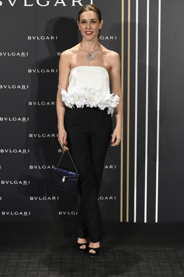 La bloguera de Mujerhoy.com optó por un mono bicolor con cinturón de flores que resultaba de lo más sofisticado.