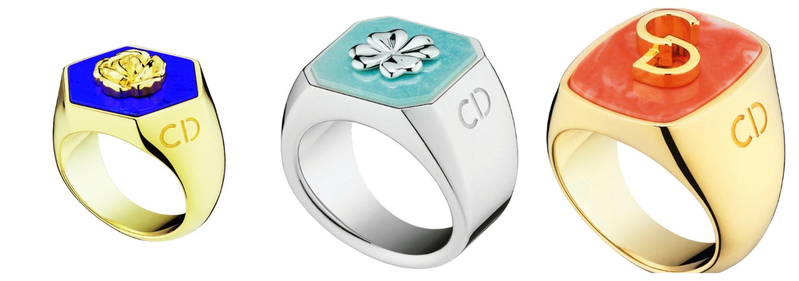 Vuelven los anillos con sello, un amuleto que triunfó en las subculturas urbanas de los 80 y 90, y que ahora se ha refinado. Dior ha lanzado una colección, Lucky, de siete piezas grabadas con los símbolos que representan a la firma: la abeja, el lirio, el trébol, la rosa, la estrella, el óvalo y sus iniciales.