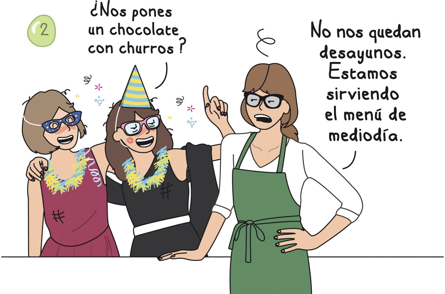 En fin de año todo empieza tarde. En el mejor de los casos, consigues salir de casa a las dos de la mañana sorteando familiares. Y lo que tarde empieza, tarde acaba. Así que se han producido situaciones rocambolescas, como cruzarte con tus padres en el rellano a las tres del mediodía. Ellos pulcros y tú con pinta de necesitar ocho duchas, un tonel de ibuprofenos y hacer puente hasta el siete de enero. ¿Qué hiciste hasta el mediodía? Tus recuerdos no son coherentes. Pero sabes que inflamaste tu cuerpo de energía adolescente, disfrutaste, reíste... Y que en las fotos sales con gente que no conoces de nada.