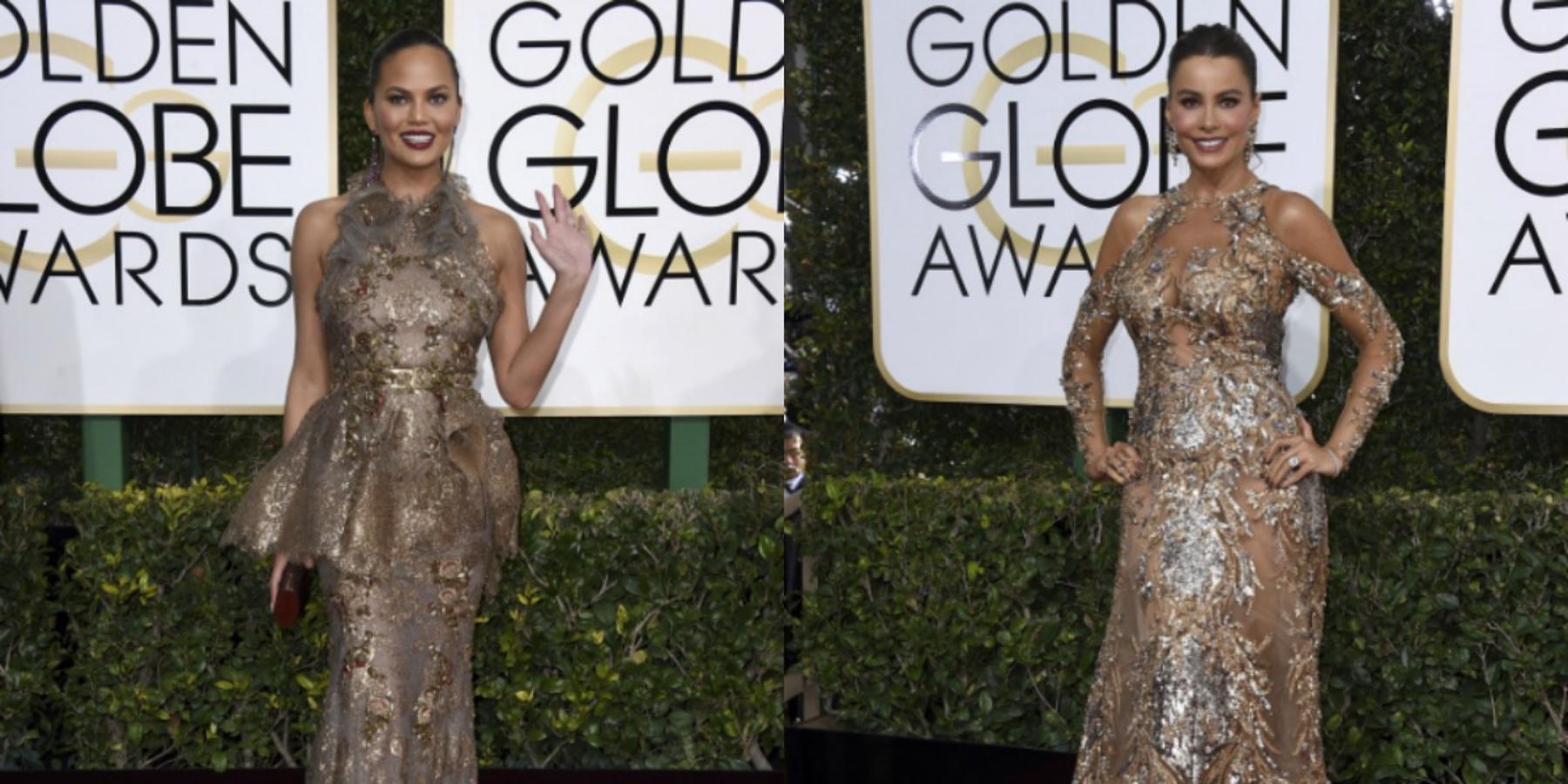 Sofía Vergara y Chrissy Teigen se decantaron por dos vestidos con acabados metalizados.
