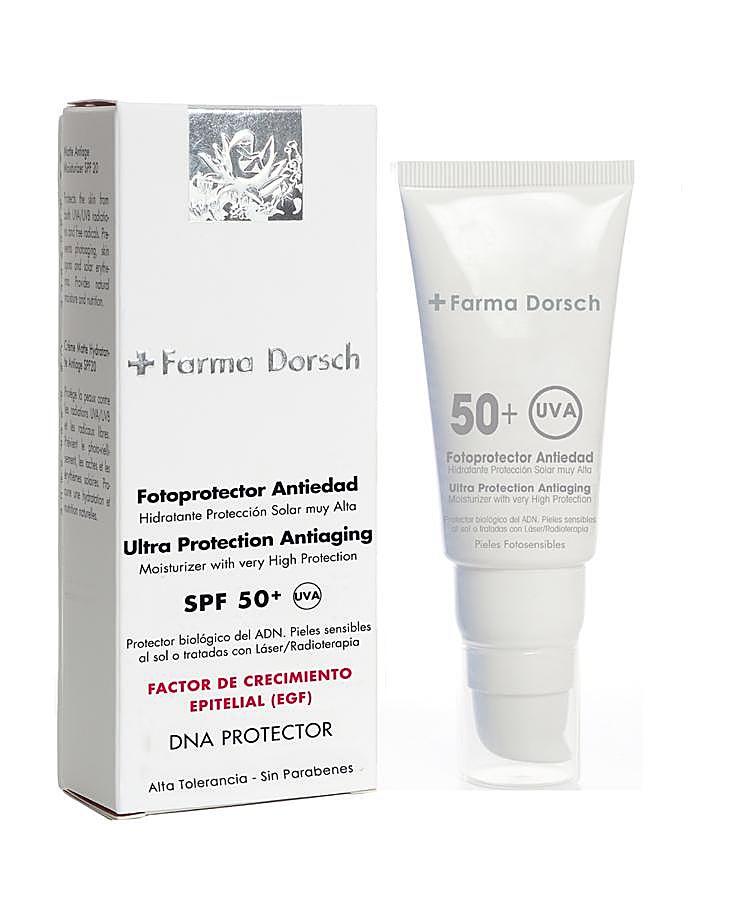 Crema hidratante, ligera y mate para todas las pieles, que aporta la máxima protección cutánea frente a las radiaciones solares a tres niveles: epidermis, dermis y celular. Libre de Parabenes y alcohol. (36,40€)