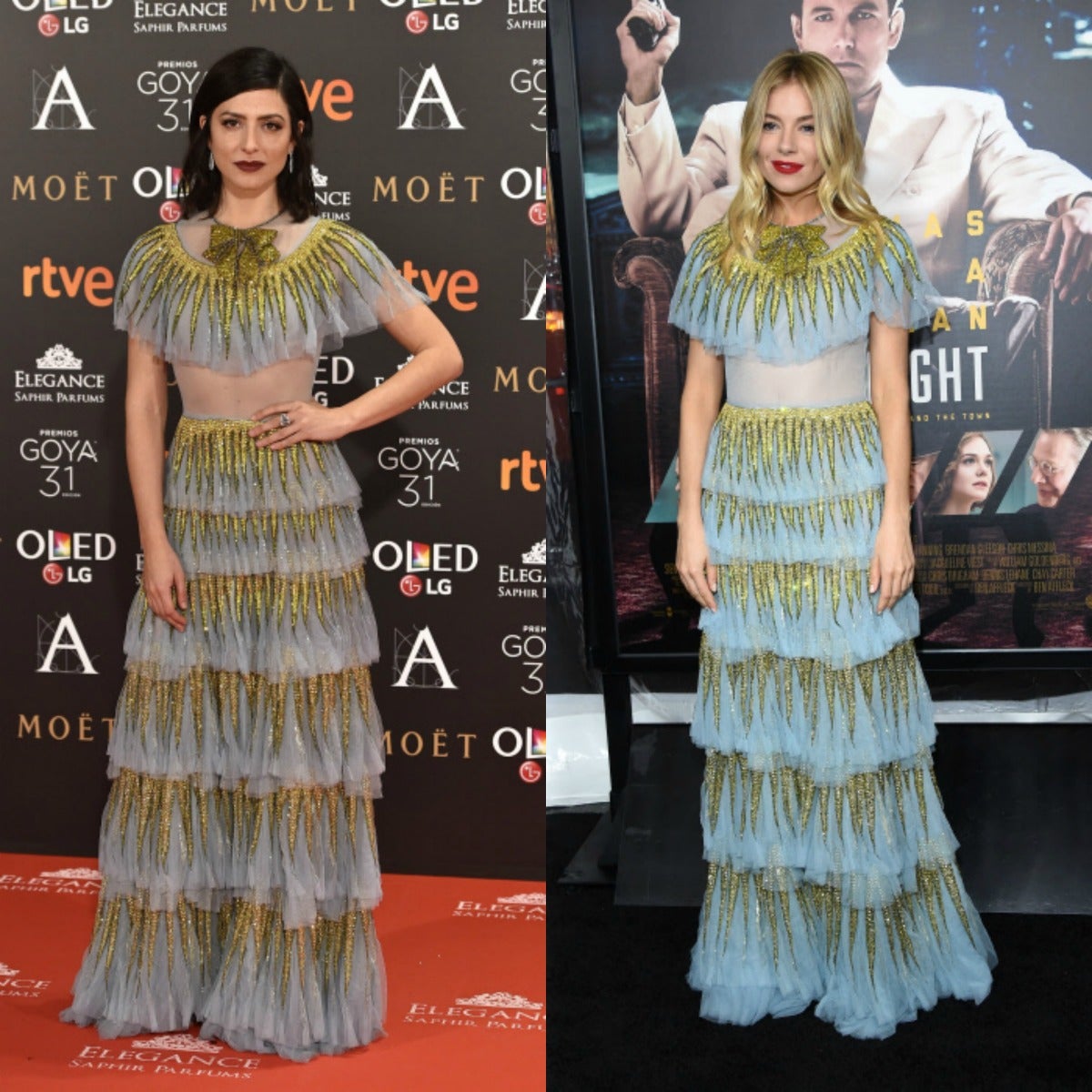 En la premiere de Live by Night en enero de 2017, Sienna Miller se enfundó un Gucci azul y dorado con volantes de tul y transparencias en el abdomen; menos de un mes después, la actriz española Bárbara Lennie se decantó por el mismo diseño para asistir a los Goya.