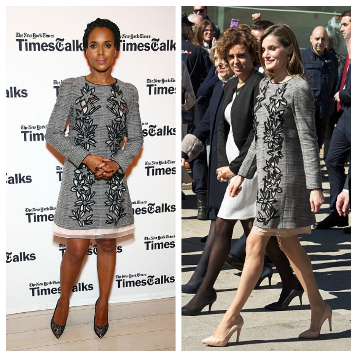 Letizia también se fija en cómo visten las celebrities. En 2017, coincidió con el mismo Hugo Boss que Kylie Jenner y a finales del mes de febrero se enfundó un Carolina Herrera de cuadros con flores troqueladas y bajo beige que en abril de 2016 ya había llevado la protagonista de 'Scandal'.