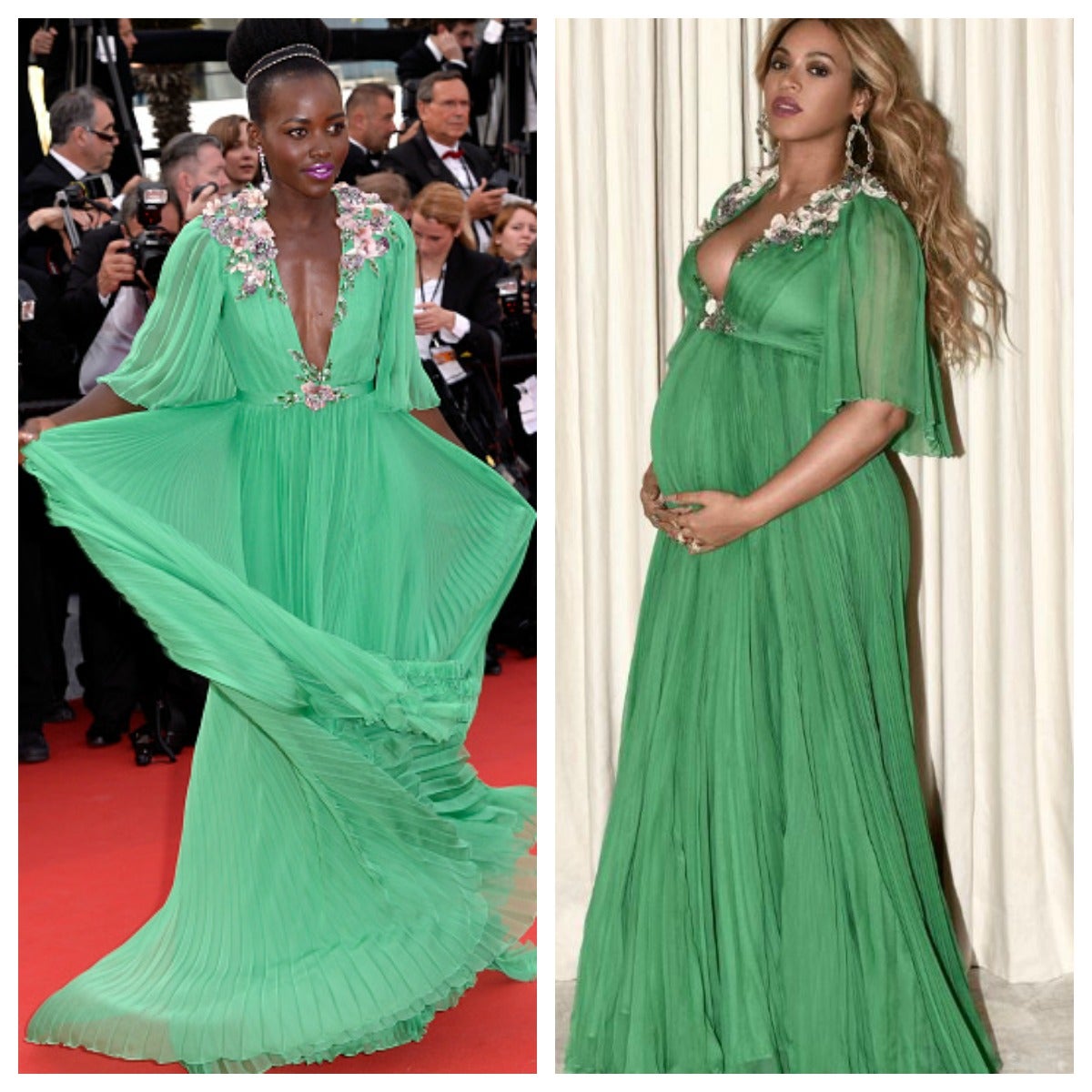 El mismo vestido de Gucci, pero con dos años de diferencia. Primero lo llevó la actriz en Cannes en 2015 y en en marzo de 2017 la cantante.