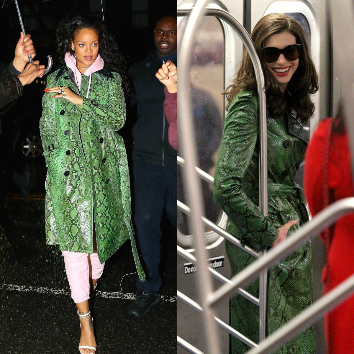 Sin miedo a caer en lo vulgar, Rihanna combinó un chándal rosa de su propia colección para Puma con unas sandalias de pulsera y tacón de aguja con una gabardina de piel de serpiente de Burberry. Esa misma prenda la llevó Anne Hathaway durante la grabación de 'Ocean’s Eight', el spin-off femenino de 'Ocean’s Eleven'.