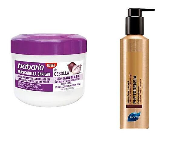 Phytodensia mascarilla fluida rellenadora de Phyto (43,50 €). Mascarilla capilar de cebolla anti-oxidante de Babaria (2,95 €).