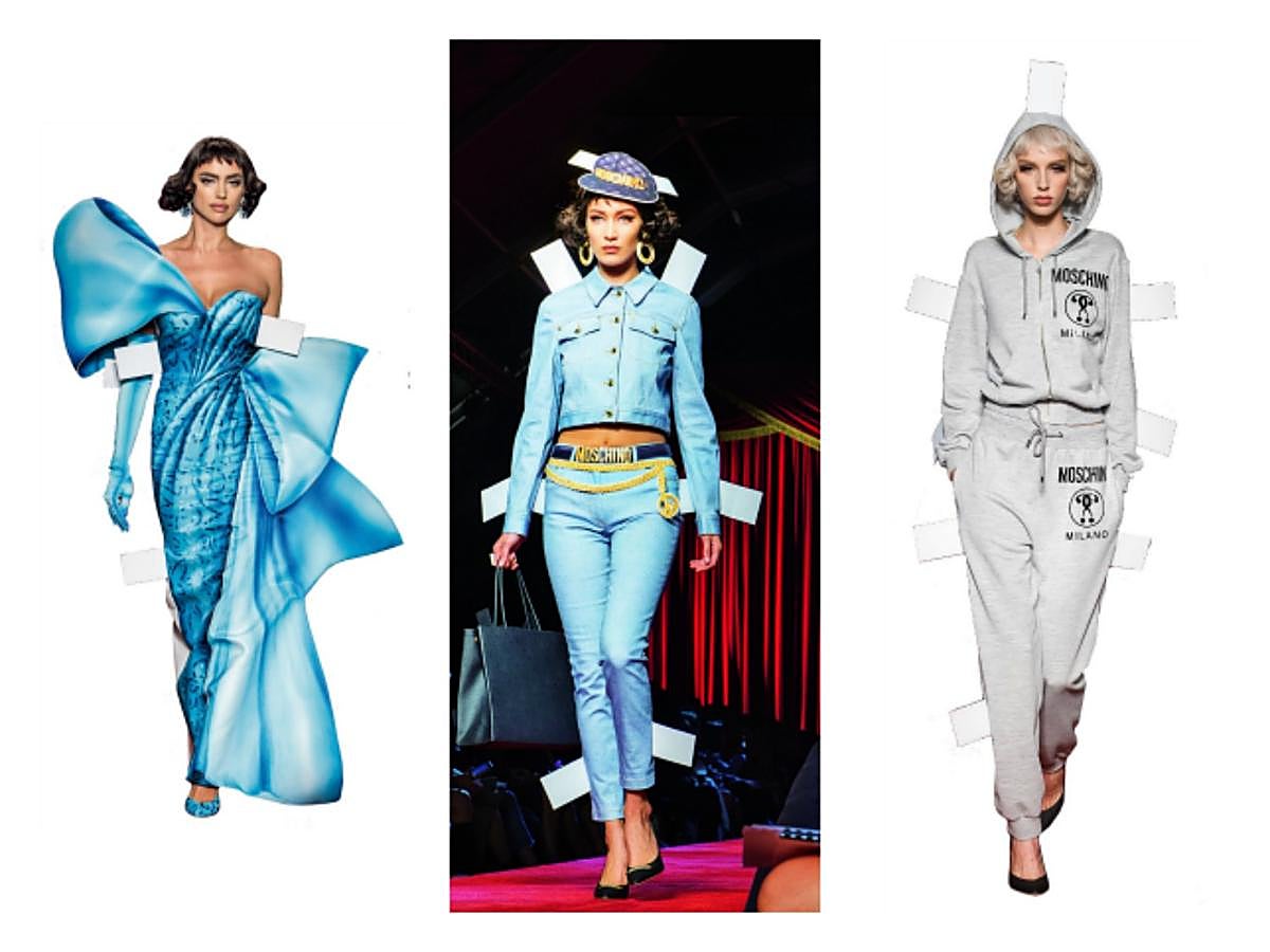 Inspirándose en los recortables infantiles, Jeremy Scott (director creativo de Moschino) ha diseñado una colección retro, ultrafemenina, con una paleta cromática 100% Moschino y volúmenes que recuerdan a las pin up de los 50. Tops como Irina Shayk o Gigi y Bella Hadid desfilaron en la pasarela de la Milan Fashion Week con pelucas bob, bañadores, prendas denim y vestidos trampantojo con las pestañas correspondientes (las prendas se venden sin ellas). Una nueva lección del americano que, desde el humor, ironiza sobre el papel de la mujer.