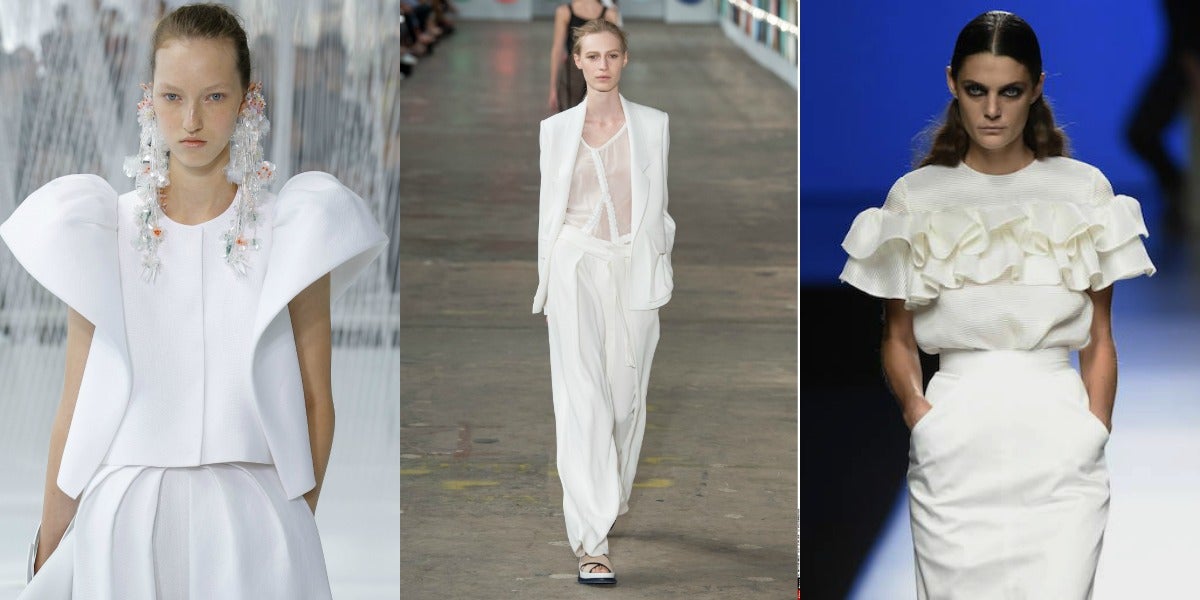 Un look blanco es como un lienzo, cuenta todo lo que tú quieras contar. Delpozo (1)y The 2nd skin Co, (3) lo usan en sus diseños de corte arquitectónico mientras que Boss lo emplea en su looks en bloque de estilo minimalista con tejidos fluidos (2).