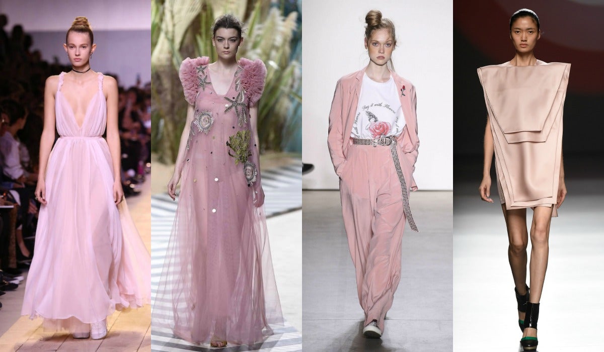 El rosa empolvado es el tono con el que Valentino (1) tiñe sus vestidos vaporosos, Jorge Vázquez (2) los de tul, Adam Selman (3) sus trajes masculinos y Amaya Arzuaga (4) sus minivestidos de corte arquitectónico.