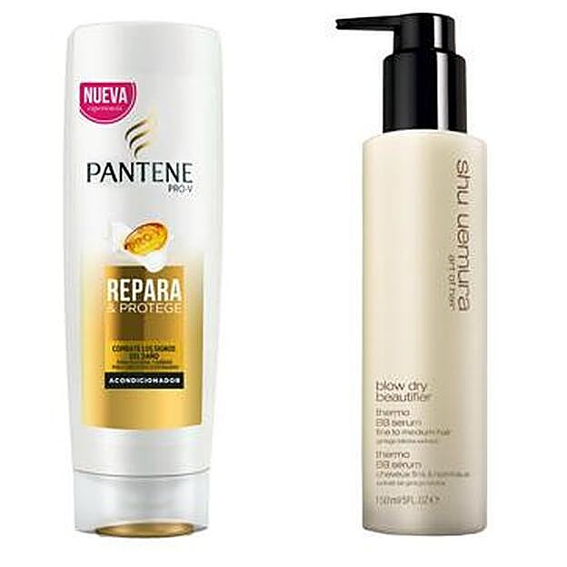 Acondicionador Repara y Protege de Pantene Smart Pro-V (3,85 euros). Blow Dry Beautifier Thermo BB Serum de Shu Uemura (33,60 euros).