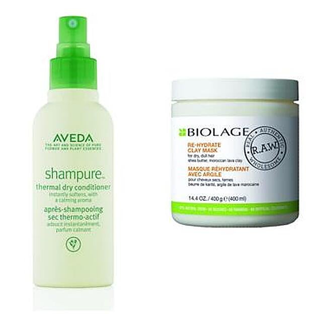 Acondicionador Seco Natural sin Aerosol de Aveda (33 euros). Biolage Raw Mascarilla Re-Hydrate con arcilla de lava marroquí de Matrix (34 euros).