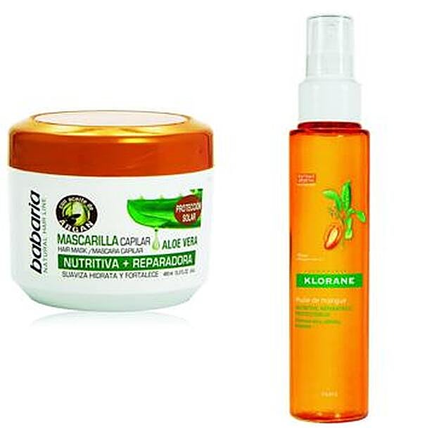 Mascarilla al Aloe Vera con Aceite de Argán y Protección solar de Babaria (2,95 euros). Aceite de Mango sin Aclarado Protector de la Radiación UV de Klorane (13 euros).