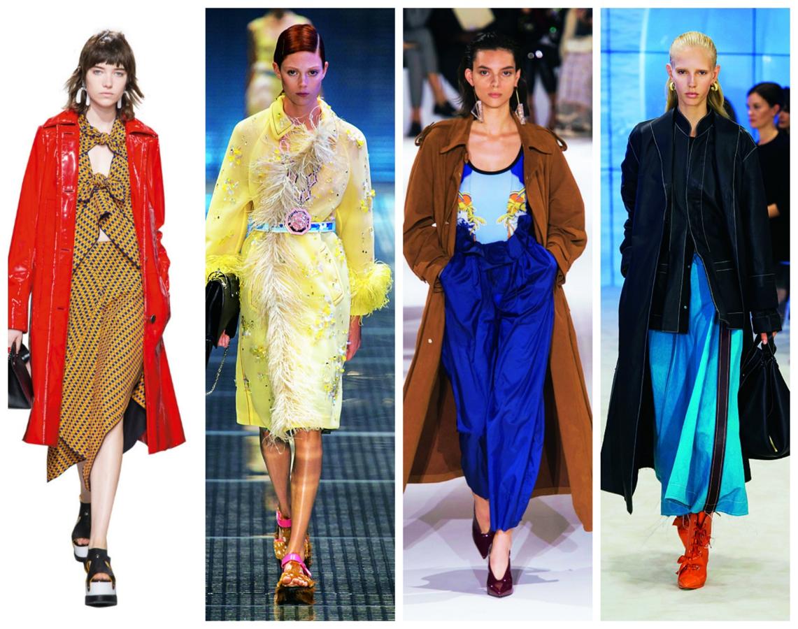 El trench se renueva sin complejos y exige su sitio en la lluviosa primavera. Las versiones se enriquecen hasta opciones, curiosamente, no aptas para lluvia, como las de Prada en organza y plumas. El modelo largo convive con las versiones por encima de la rodilla y, en cortes, del oversize al estrecho. Proenza Schouler, Prada, Stella McCartney y Loewe.