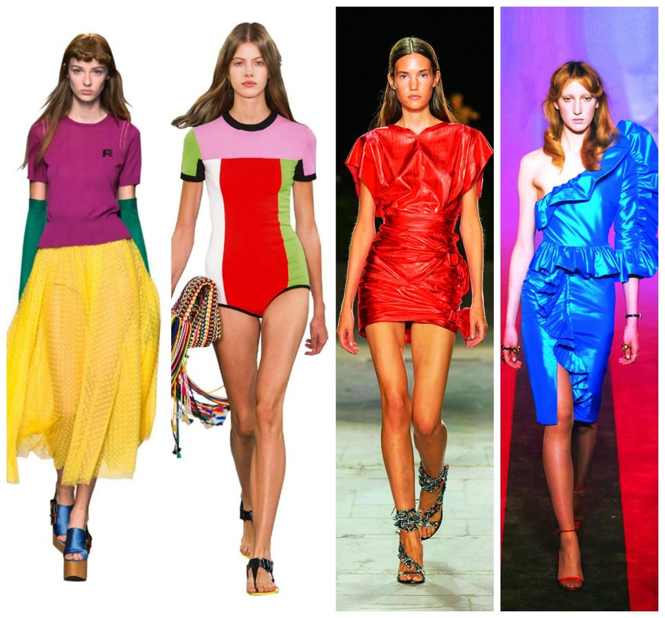 No seas tímida a la hora de elegir color, porque esta primavera-verano se llevarán subidos de tono, intensos, vibrantes. Tanto si eliges un look total como si optas por bloques compactos, atrévete a ser osada tanto en la elección como en las combinaciones: la paleta admite de todo y combinar dos, tres, cuatro y más colores juntos. Rochas, Emilio Pucci, Isabel Marant y Gucci.