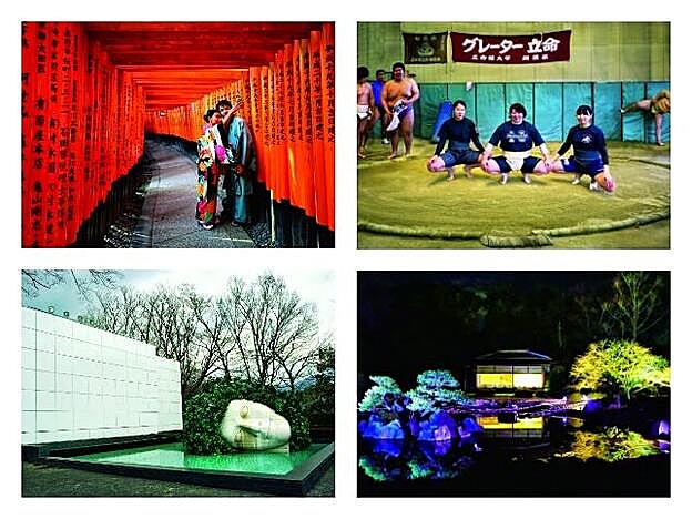 Una pareja haciéndose un selfie en el templo de Kyoto, escuela de sumo femenina, museo al aire libre de Hakone y escena nocturna de Kyoto, en el castillo de Nijo.
