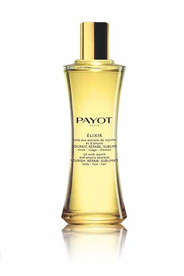 Huile Elixir de Payot. Aceite seco ultrapenetrante que combina extractos balsámicos y aceites vegetales. La esencia se basa en la aromacología de los extractos balsámicos. Aplicar en todo el cuerpo o vaporizar en la palma de la mano y aplicarlo en el cuerpo, insistiendo en la zona del rostro, escote, los brazos y las manos para nutrir y realzar la piel. (39,50 €)