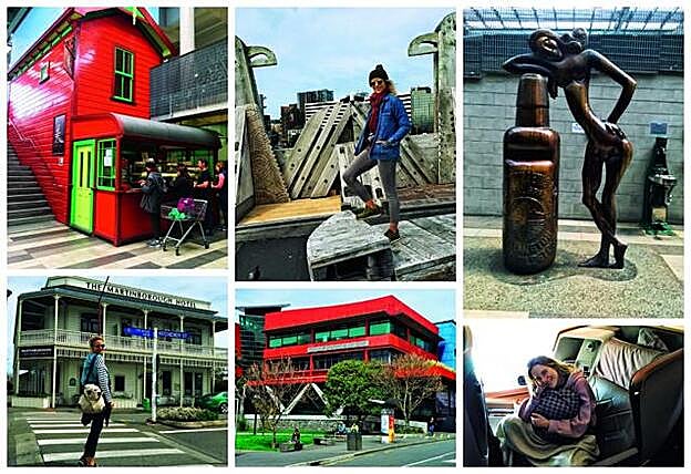 Supermercado de comida orgánica Moor Wilson’s, paseo callejero y escultura en Te Aro. En la business class de Singapore Airlines. Monumento dedicado a los maoríes en Wellington. Sede de Arquitectura y Diseño de la Victoria University.