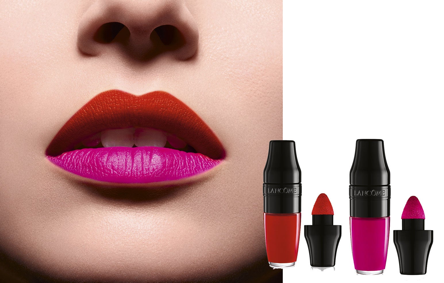 Labiales Juicy Shaker de Lancôme. ¿rojo o rosa? Si te gustan los dos, ya no tienes que elegir, porque una de las tendencias de la temporada los junta en tu boca: el labio superior con un tono y el inferior, con otro. Elige texturas semimates, de aspecto jugoso y acabado duradero.
