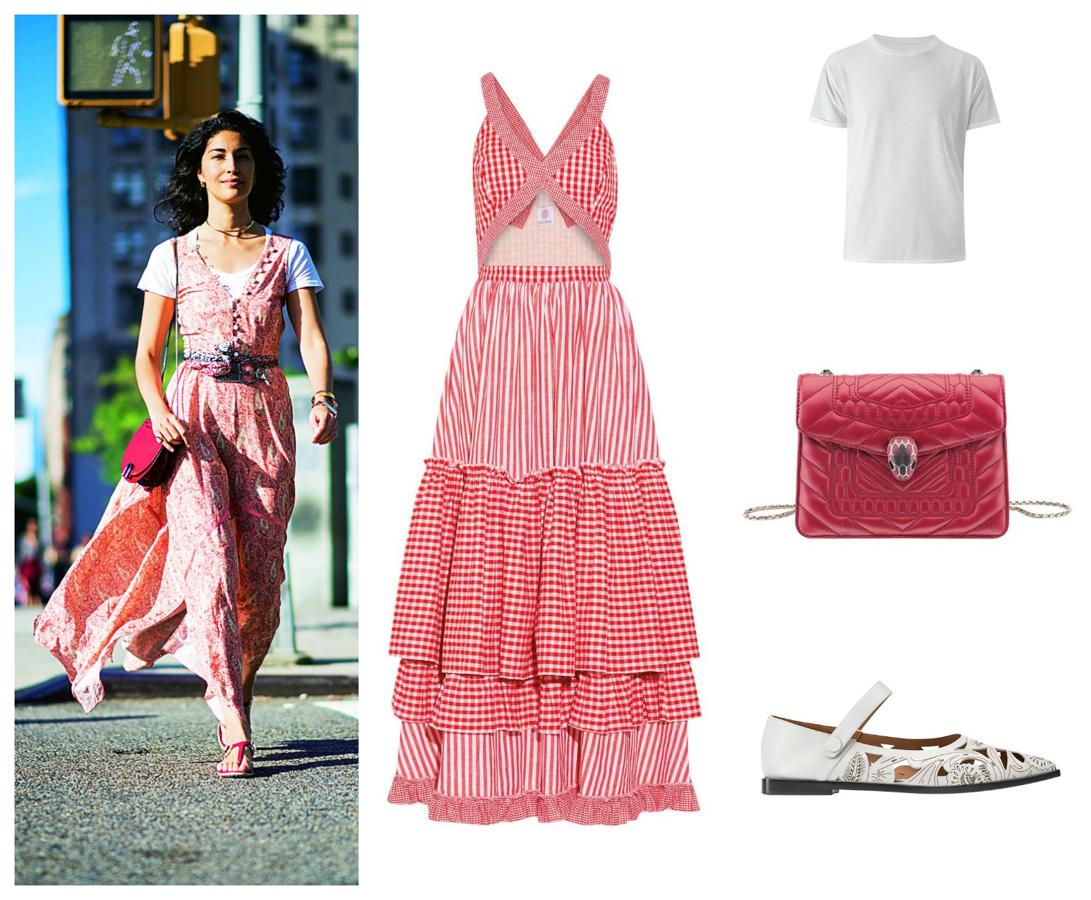 Elige un vestido escotado para que se vea bien el efecto. Y la camiseta, siempre blanca. Gülürgel, Mango, Bulgari y Emporio Armani.