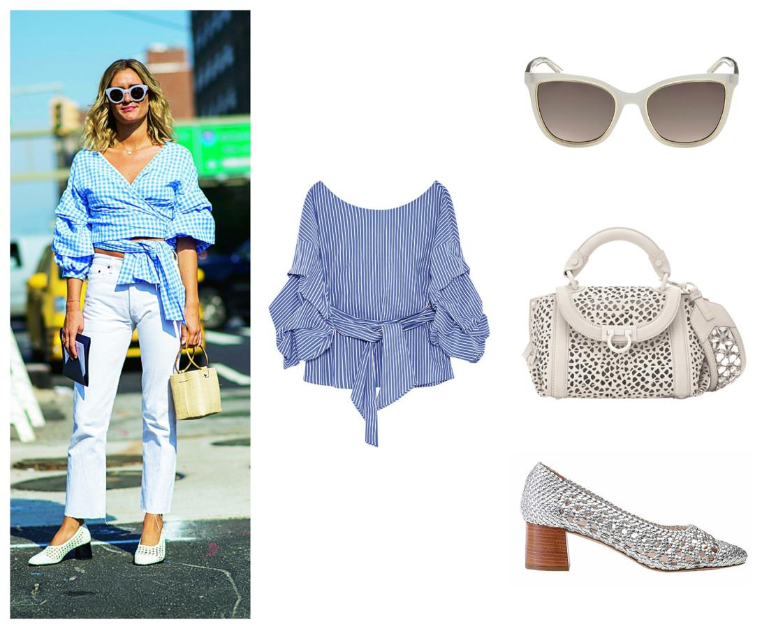 Es la blusa del momento. Llévala en tejido de rayas o cuadros, y con lazada. Combínala con pantalones tobilleros. Zara, Guess, Salvatore Ferragamo y Mango.
