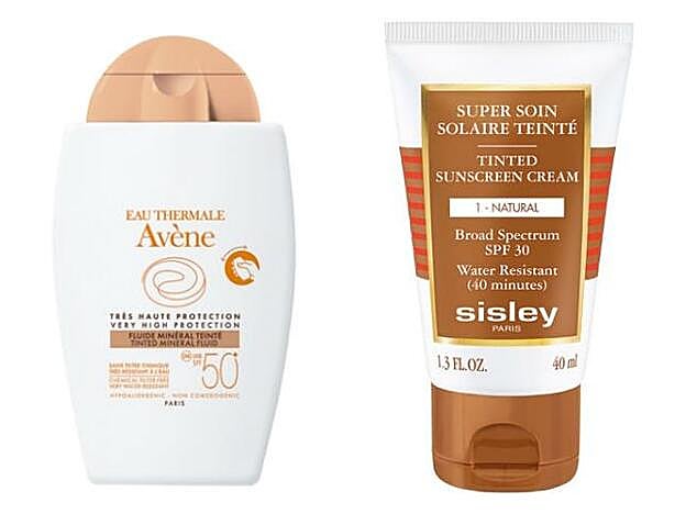 Fluido Mineral con color SPF50+ de Avéne (18,56 €). Super Soin Solaire Teinté Visage SPF30 de Sisley (125 €)