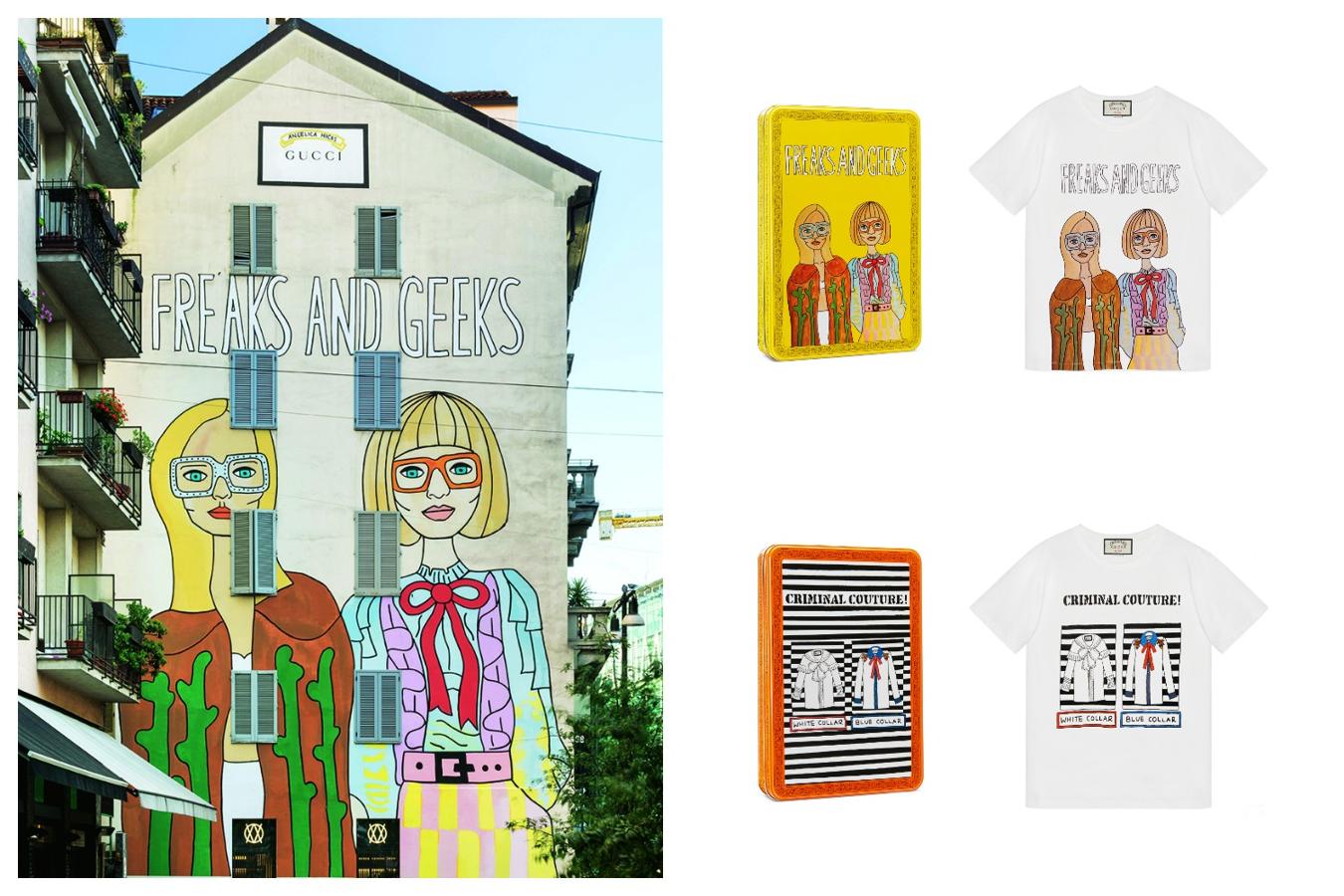 Alessandro michele ha elegido las ilustraciones de la artista británica Angelica Hicks para una edición limitada de 100 camisetas disponibles solo en la web de la marca. Para celebrar esta colaboración, Gucci presenta dos murales hechos también por Hicks, uno en Nueva York y otro en Milán (en la foto). www.gucci.com