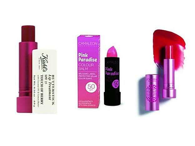 Butterstick Lip Treatment bálsamo con color SPF25 de Kiehl´s (19 euros). Colour Balm SPF50 de Camaleon (6,90 euros). Bálsamo de labios Pivoine Sublime SPF25 de L´Occitane (16 euros).