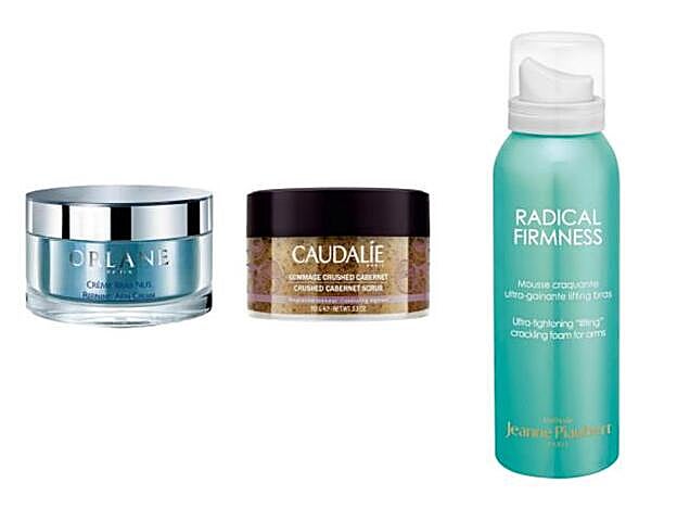 Crème Bras Nus de Orlane (90 euros). Gommage Crushed Cabernet de Caudalie (25,20 euros). Radical Firmness Mousse Lifting Brazos de Méthode Jeanne Piaubert (69 euros).