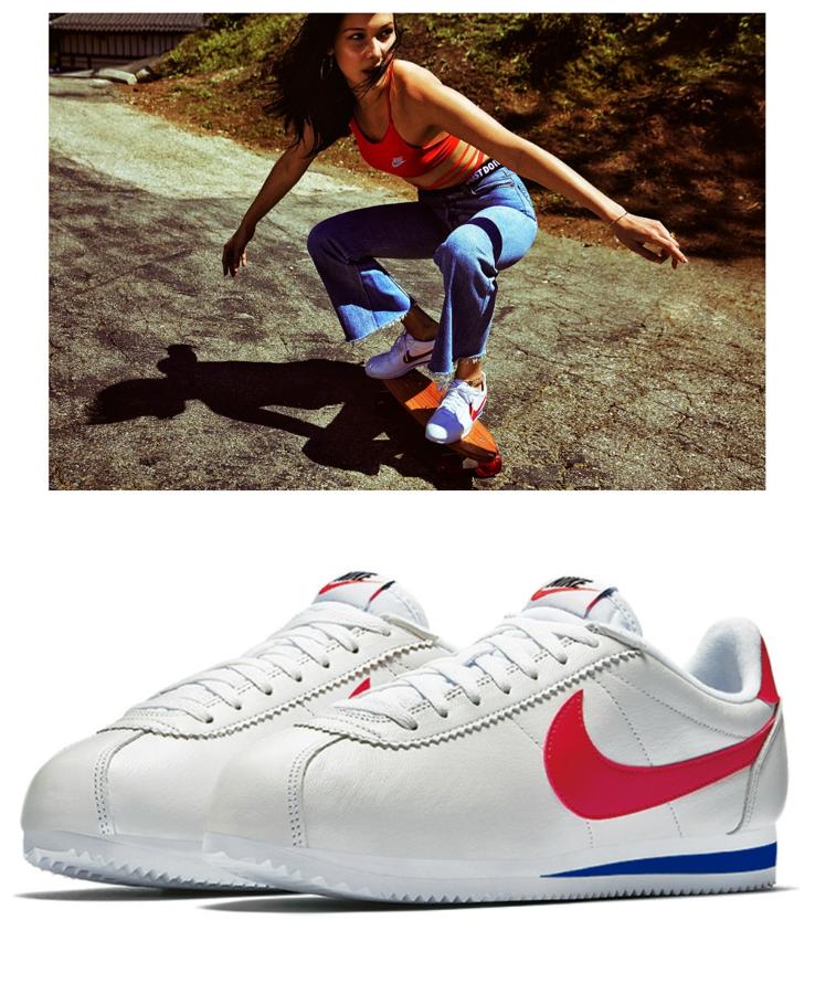 El más famoso modelo de Nike cumple 45 años y sigue tan actual como el primer día. Para celebrar este aniversario de las Cortez, la firma ha retratado a Bella Hadid emulando sobre un monopatín, y con las mismas zapatillas, la célebre fotografía de Farrah Fawcett de 1976.