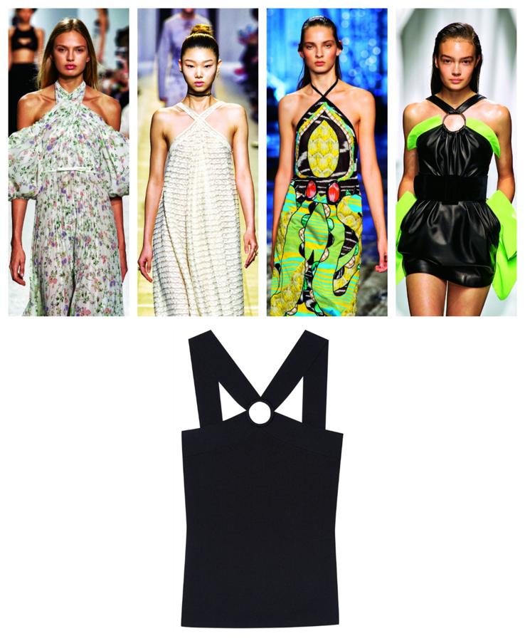 Se hizo popular en los años 30, y brilló en los 60 y 70 gracias al modisto norteamerciano Halston. Ahora, ese corte, que se ata al cuello y deja los hombros y la espalda al aire vuelve a las pasarelas dando personalidad a vestidos y tops. G. Valli, Dior, Missoni y E. Ungaro.