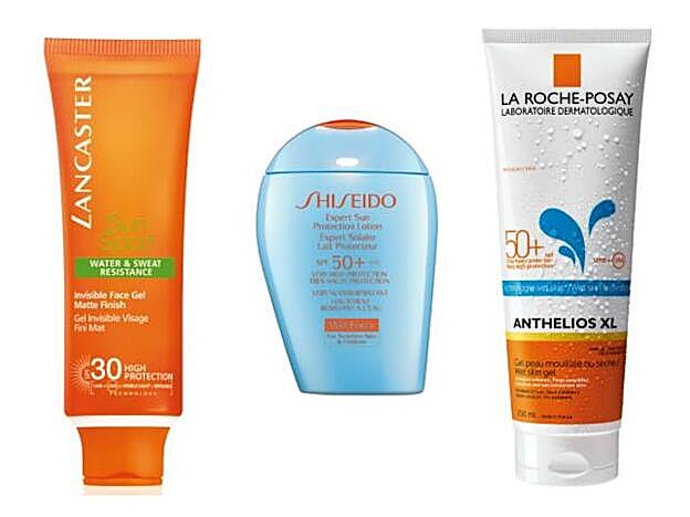 Sun Sport Gel Facial Invisible SPF30 con resistencia al agua y al sudor de Lancaster (34,40 euros). WetForce Expert Sun Protection Lotion S SPF50+ de Shiseido (45 euros). Anthelios Wet Skin SPF50+ de La Roche Posay (32,48 euros).