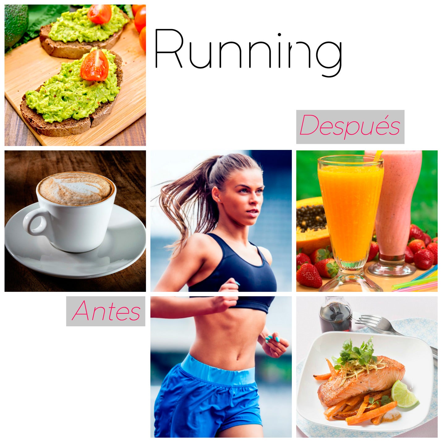 Antes de practiar running hay que desayunar. No podemos empezar este tipo de entrenamiento con el estómago vacío. Aunque tampoco vamos a igerir alimentos pesados que nos ralenticen la carrera y perjudiquemos así la digestión. Un café y una tostada de aguacate es la mejor elección para sacar el máximo rendimiento a tu entrenamiento. Después toca reponer fuerzas con proteínas, un plato de salmón con unas verduras de acompañamiento y para terminar pondremos el toque dulce con un smoothie de papaya.
