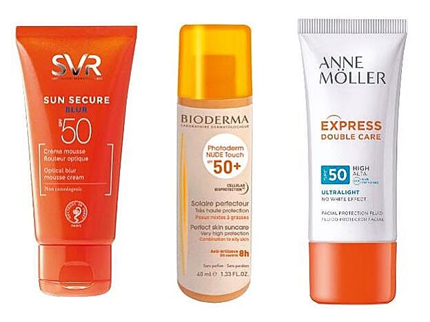 Sun Secure Blur de SVR (18,90 euros). Photoderm Nude Touch SPF50 Ultra-Matificante y Anti-Imperfecciones de Bioderma (16,95 euros). Fluido Express Double Care Ultralight SPF50 de Anne Möller (26,40 euros).
