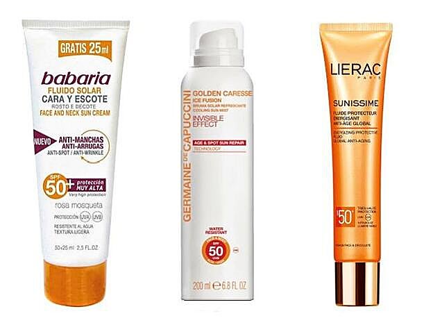 Fluido Solar Cuello y Escote SPF50+ Anti-Manchas y Anti-Arrugas de Babaria (C.P.V.). Golden Caresse Bruma Solar Refrescante Antiedad y Reparadora de manchas SPF50 de Germaine de Capuccini (34,35 euros). Sunissime Fluido Protector Antiedad Global FPS50 de Lierac (29,90 euros).