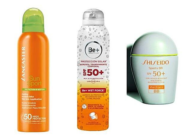 Sun Sport Cooling Invisible Mist SPF50 de Lancaster (44,43 euros). Aerosol Transparente Corporal SPF50+ Wet Force de Be+ (25,30 euros). WetForce BB Sport SPF50+ de Shiseido (42 euros).