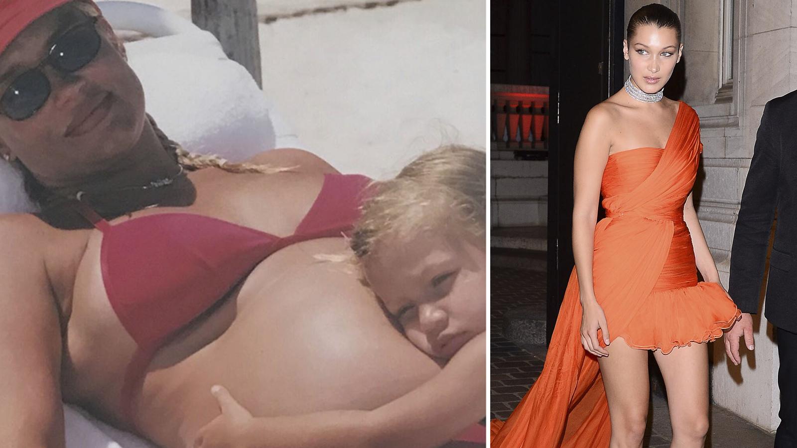 A la izquierda, Bella Hadid abrazando la tripa de su madre. A la derecha, la modelo en una de sus últimas apariciones después de una fiesta.