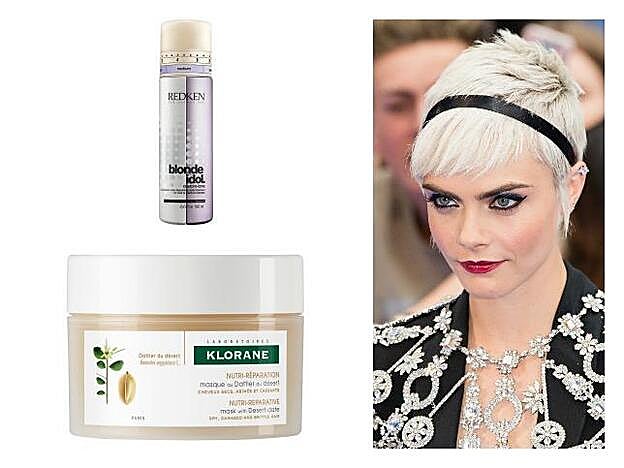 Cara Delevigne. Acondicionador Custom Tone en rubio Cool de Redken (29,50 euros). Mascarilla Reparadora Dátil del Desierto para pelo castigado de Klorane (27,40 euros).