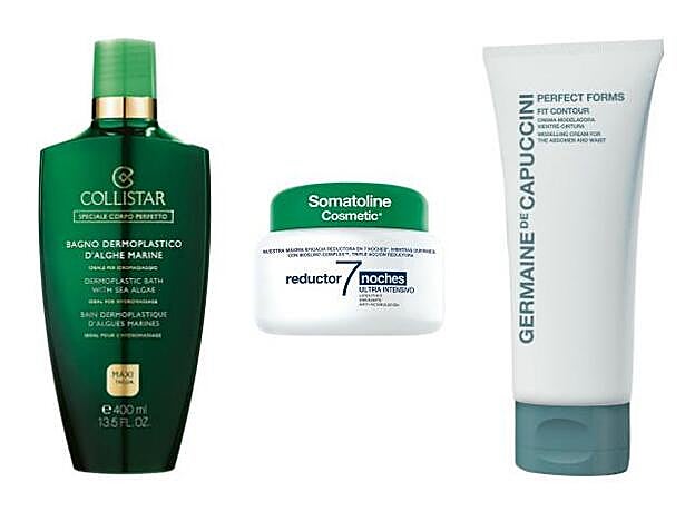 Baño Dermoplástico con Algas Marinas de Collistar (30,50 euros). Reductor 7 noches Intensivo, de Somatoline Cosmetic (49,90 euros). Perfect Forms Fit Contour (en Pack Total Firmness con Up&Tone Arms) de Germaine de Capuccini (41,75 euros).